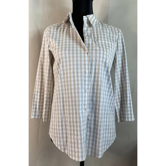 Lafayette 148 Brown White Gingham Button Up Shirt Blouse 3/4 Sleeve Size P XS - Picture 1 of 6